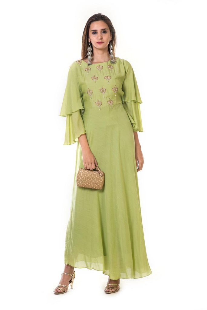Women's Gulkaari Hand Painted Bell Sleeves Peach Gown - Saras The Label |  Peach gown, Peach dress, Dress fabric